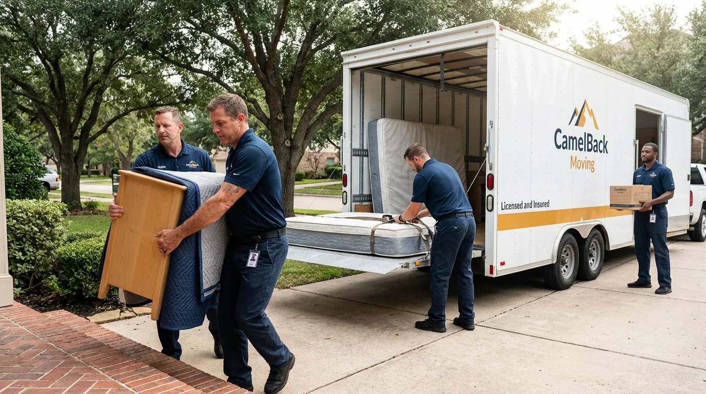 Crew loading residential truck for cross-state move from Gruver, TX