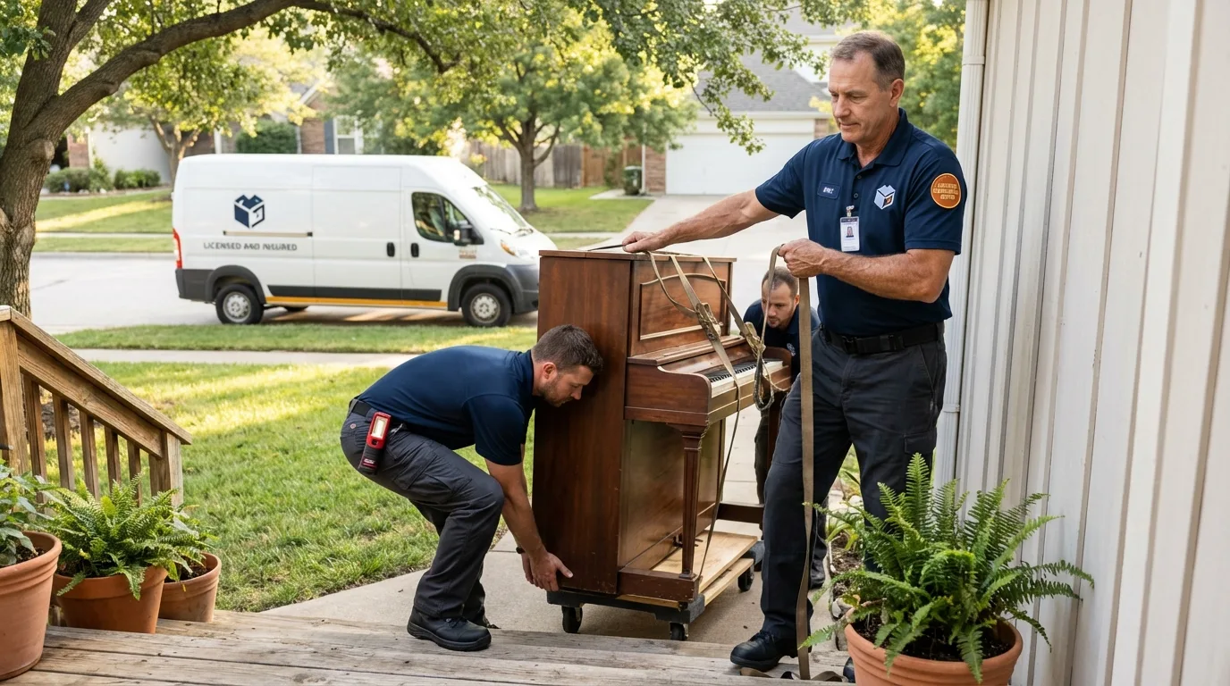 Licensed piano movers securing grand piano in Gruver, TX
