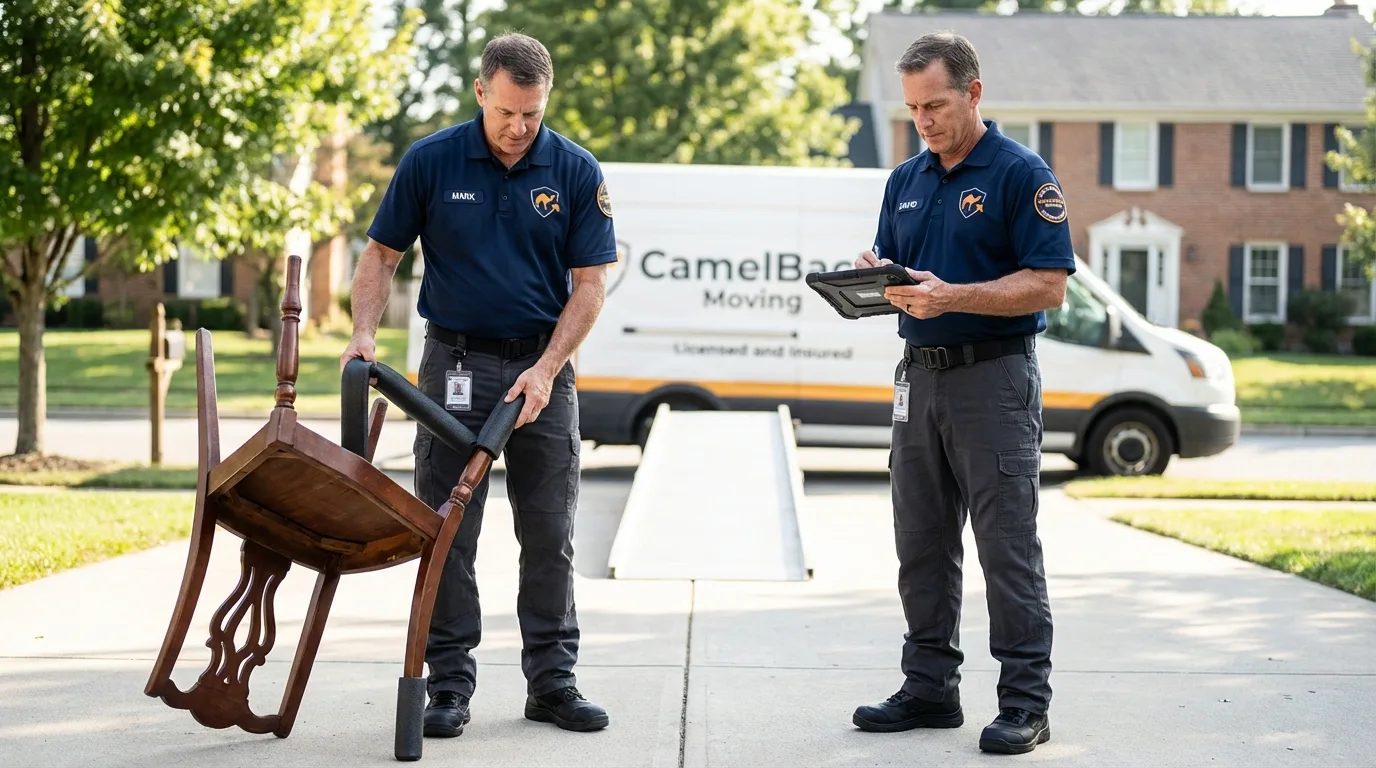 Movers inspecting furniture for damage prevention before loading in Gruver, TX