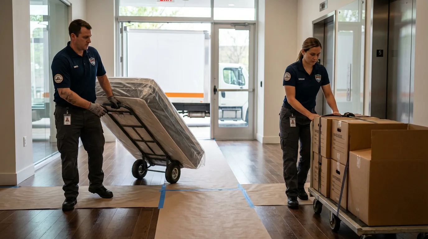 Professional apartment movers loading elevator in Gruver, TX